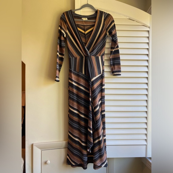 Maeve Anthropologie Wrap Midi Dress Striped Black & Brown XS - Picture 3 of 10